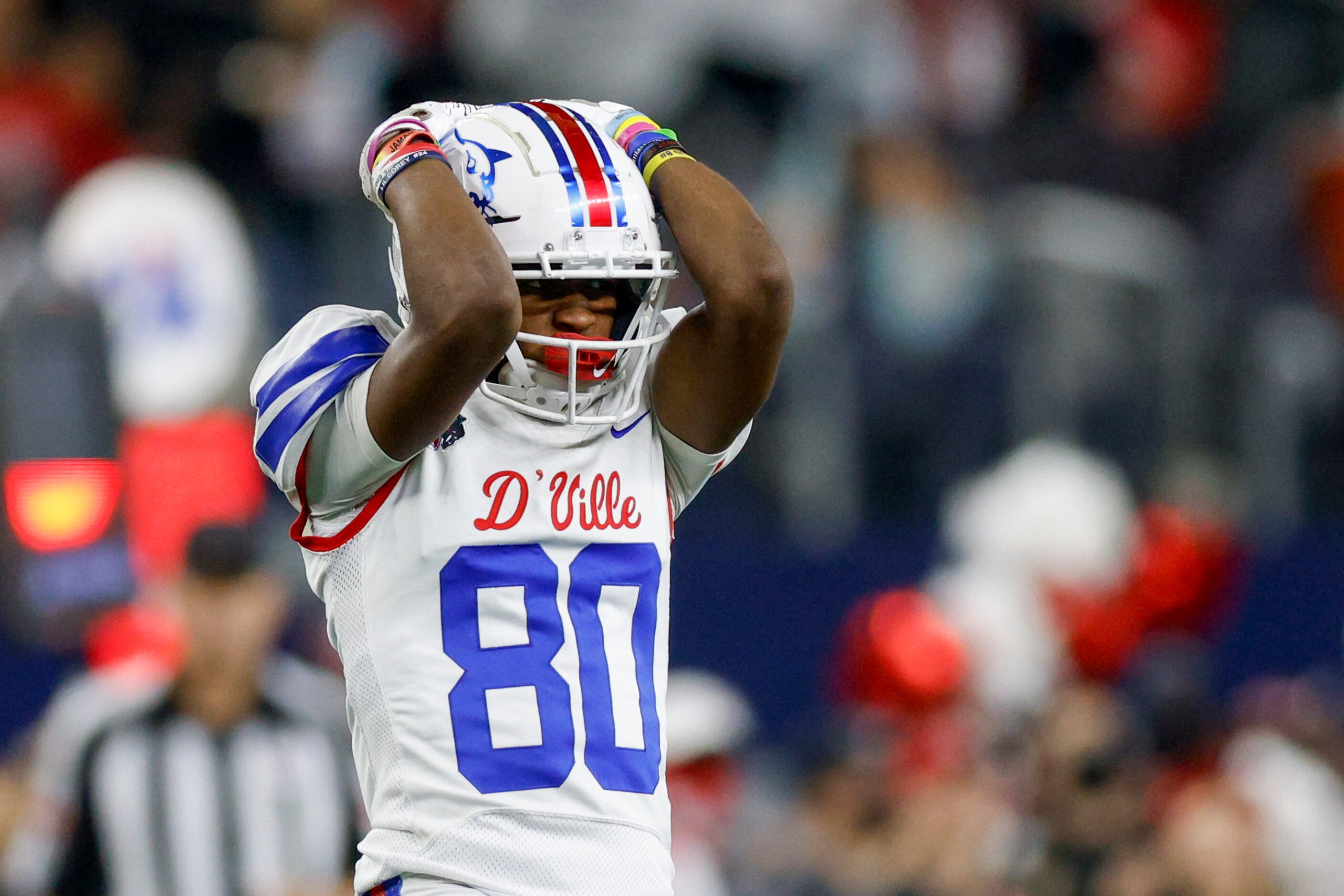 Duncanville wide receiver Dakorien Moore (80) reacts after a dropped pass during the second...