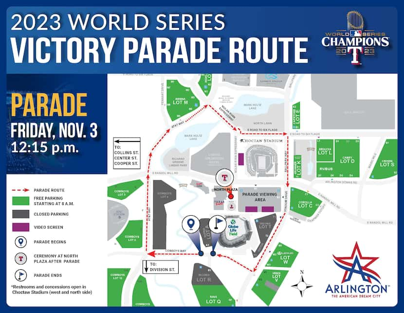 Map of the Texas Rangers 2023 World Series Victory Parade route, to be held Friday, Oct. 3,...