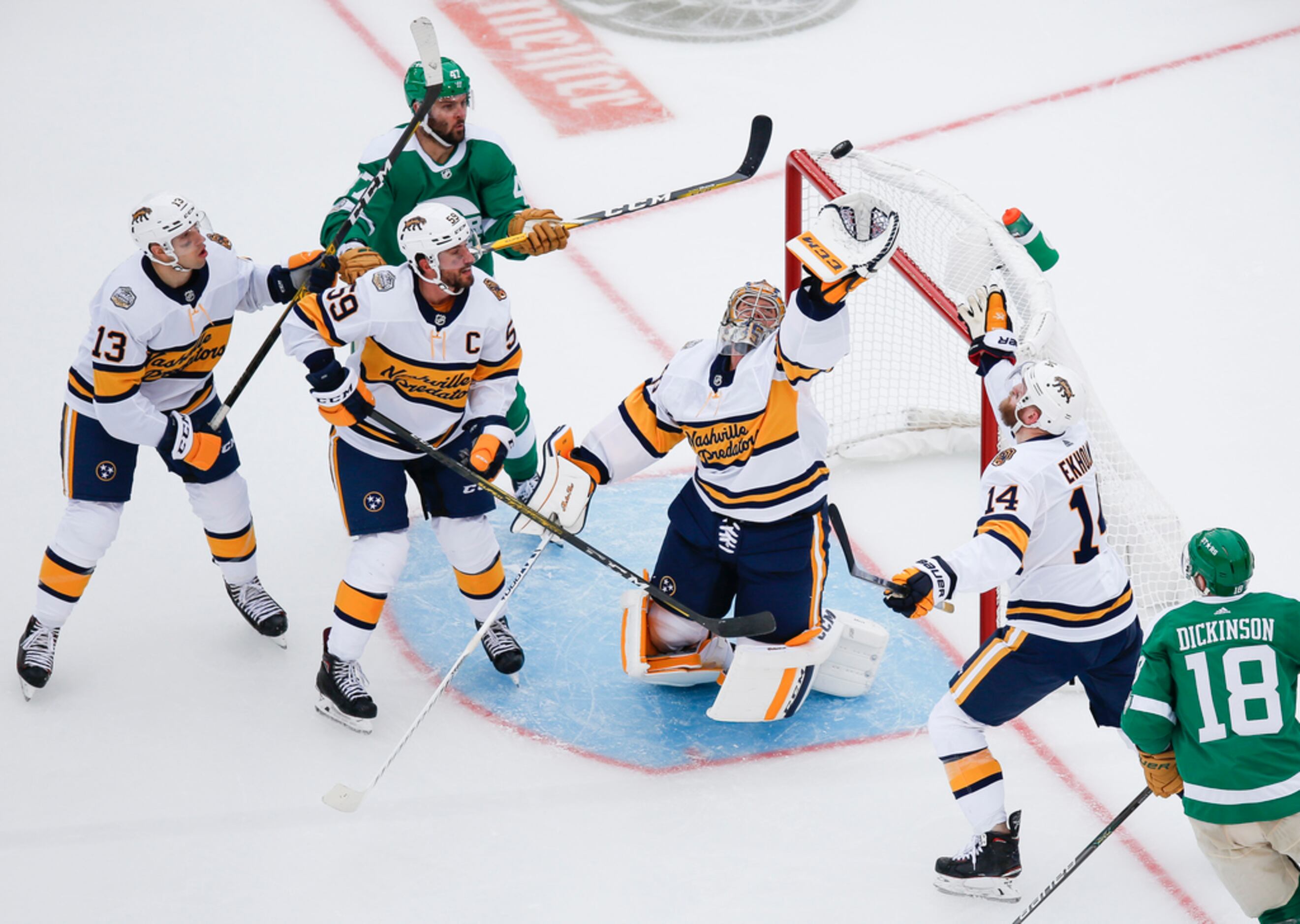 Nashville Predators goaltender Pekka Rinne (35) makes a save during the second period of a...