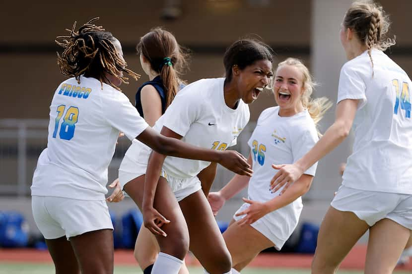 Frisco forward Kori Ballard (19) is congratulated by teammates London Young (18), Ava Yaos...