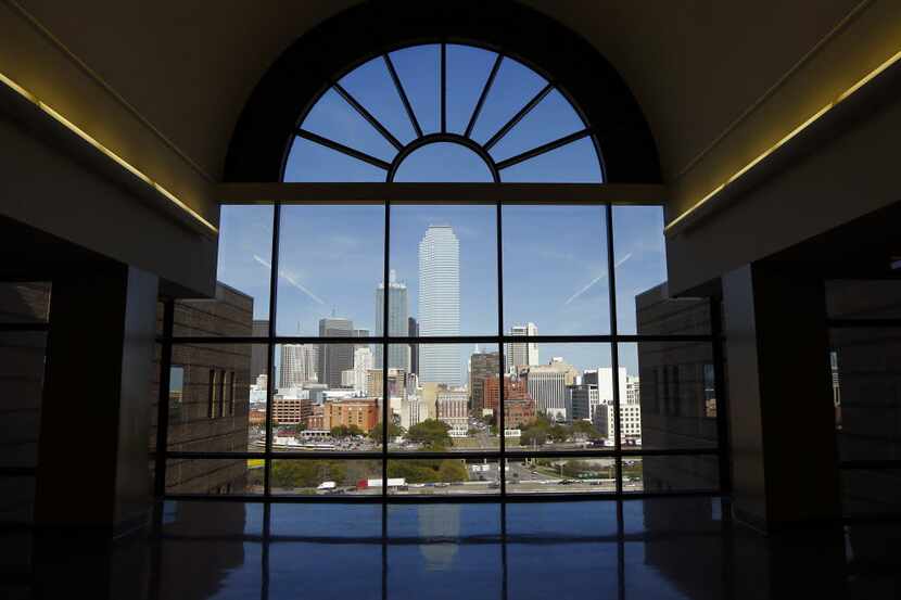 The Dallas skyline as seen from the 11th floor of the Frank Crowley Courts Building in Dallas.