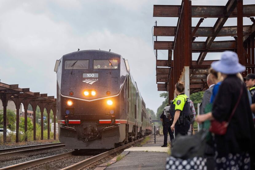 Amtrak's "Theatre Car" pulls into Union Station in Springfield, Mass., from South Station in...