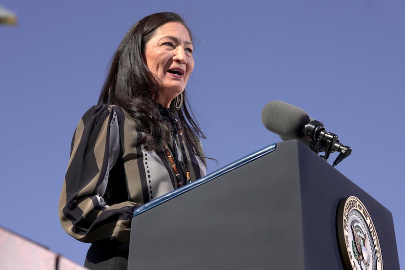 Interior Secretary Deb Haaland speaks at the Gila Crossing Community School in the Gila...