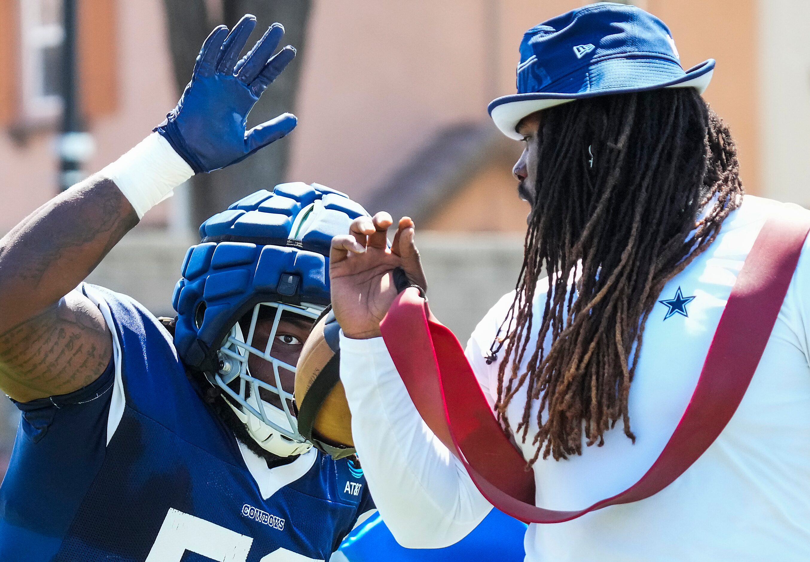 Dallas Cowboys defensive tackle Mazi Smith (58) participates in a drill during a training...