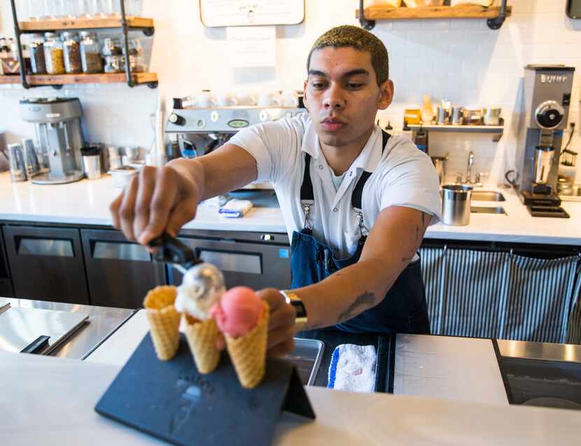 Chef Aldo Sandoval serves a flight of ice creams at Baldo's Ice Cream and Coffee.
