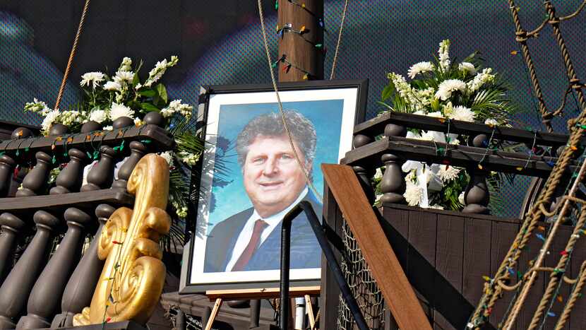 A photo of former Mississippi State head coach Mike Leach hangs on the pirate ship during...
