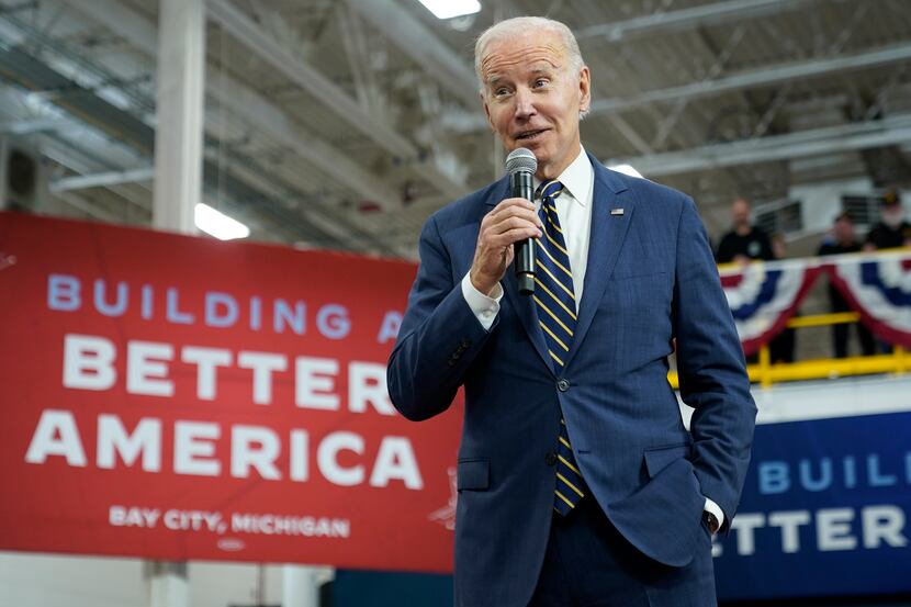 FILE - President Joe Biden speaks about manufacturing jobs and the economy at SK Siltron...