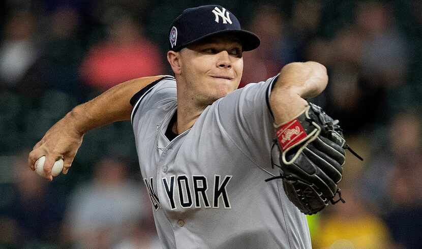 New York Yankees starting pitcher Sonny Gray works in the third inning against the Minnesota...