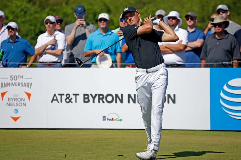 Jordan Spieth watches his tee shot on the first hole during round 2 of AT&T Byron Nelson at...