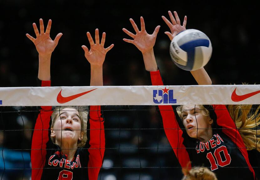 Lovejoy's Brynn Eggar (8) and Grace Milliken (10) attempt to block a Friendswood hit during...