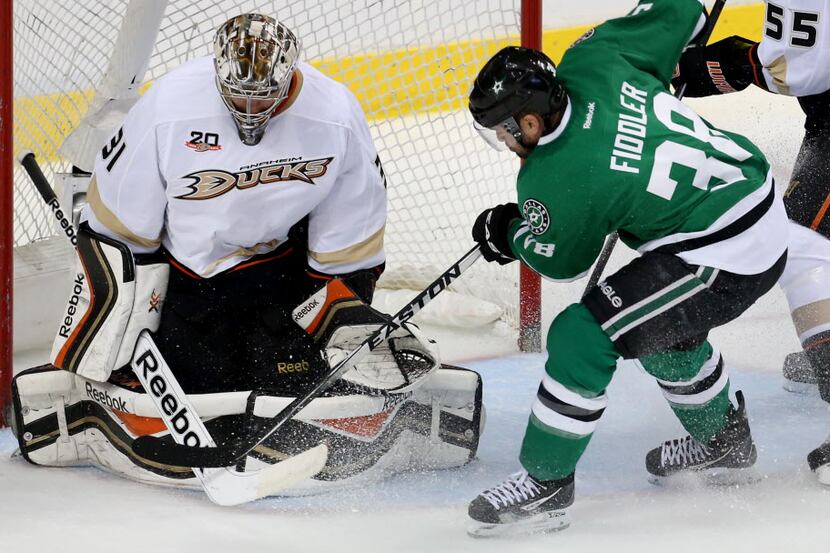 Anaheim Ducks goalie Frederik Andersen (31) blocks a shot by Dallas Stars center Vernon...