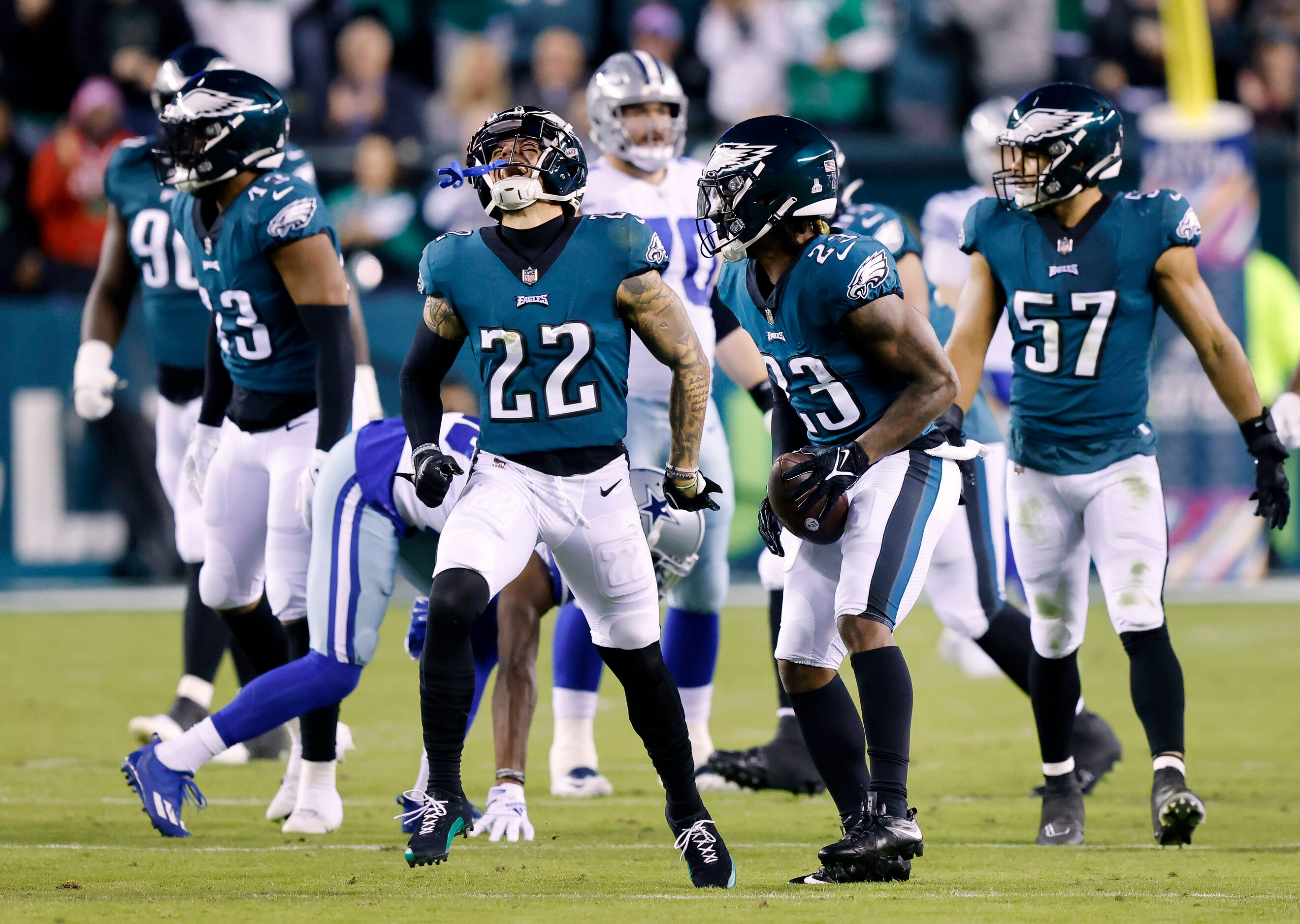 Philadelphia Eagles safety Marcus Epps (22) celebrates safety C.J. Gardner-Johnson’s (23)...