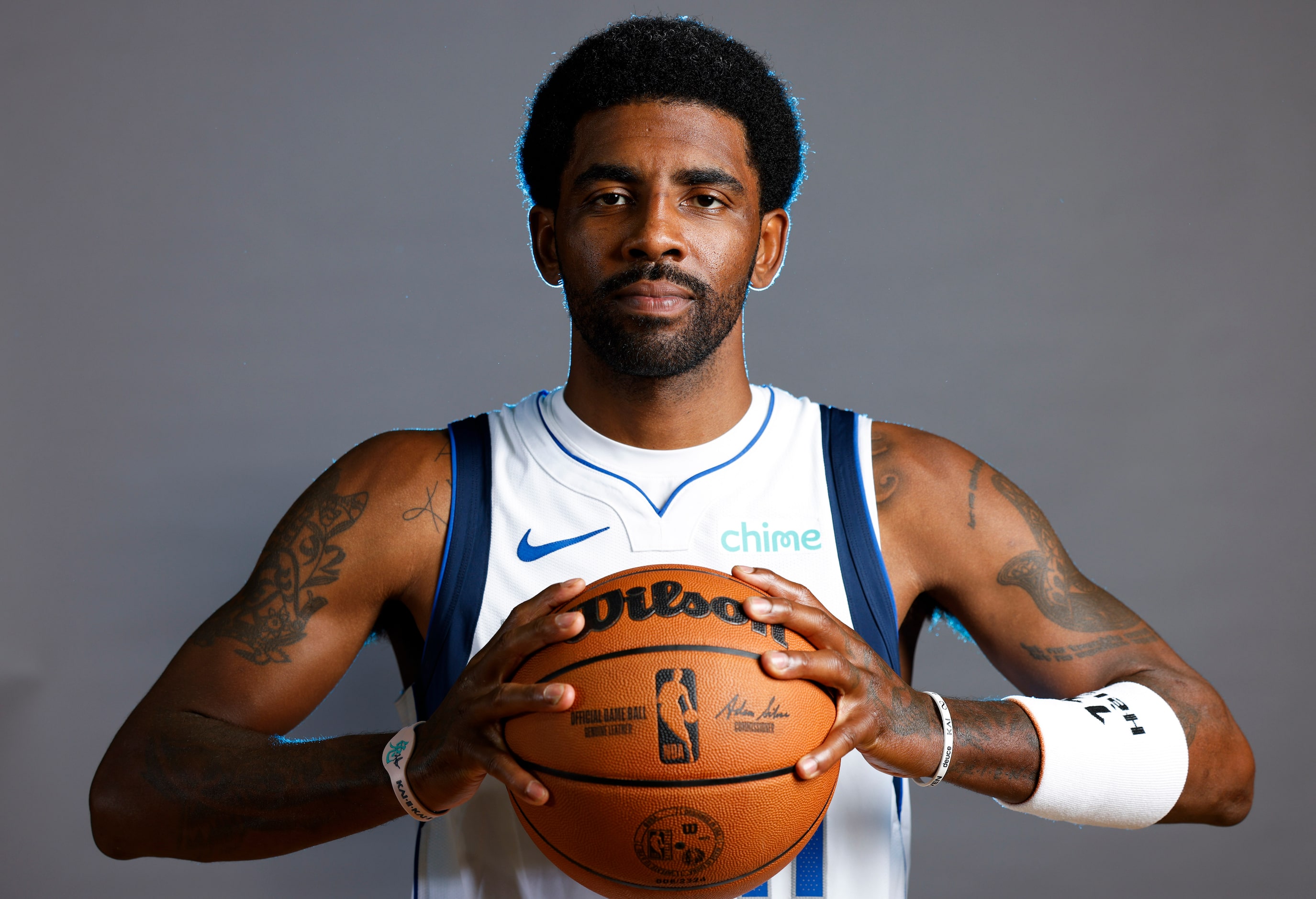 Dallas Mavericks’ Kyrie Irving poses for a photo during the media day on Friday, Sept. 29,...