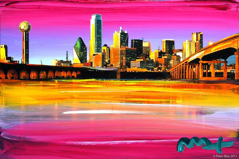 This Peter Max rendition of the Dallas skyline, painted in his signature style, is featured...
