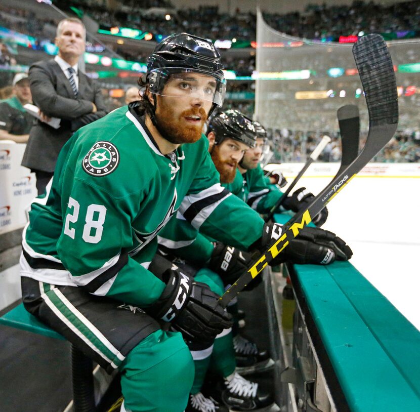 Dallas Stars defenseman Stephen Johns (28) is pictured on the bench during the Anaheim Ducks...