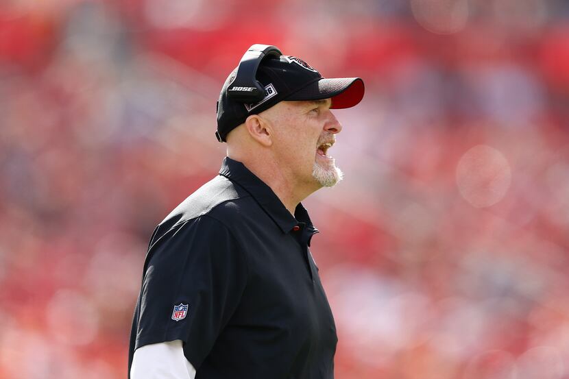 Head coach Dan Quinn of the Atlanta Falcons reacts against the Tampa Bay Buccaneers during...
