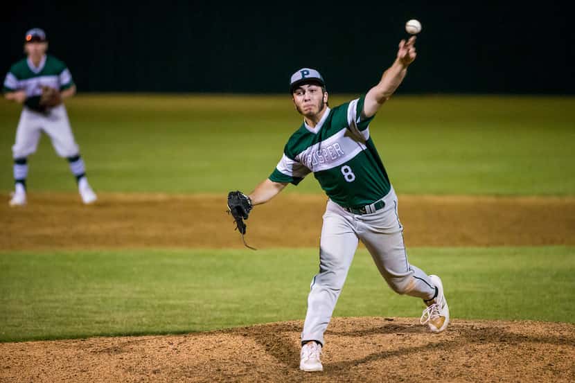 Prosper's Conner Jackson pitches during the eighth inning against Lake Dallas in a District...