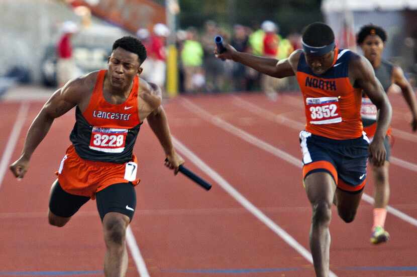 Lancaster's Kenan Ivy races towards the finish against McKinney North Anthony Grogan during...