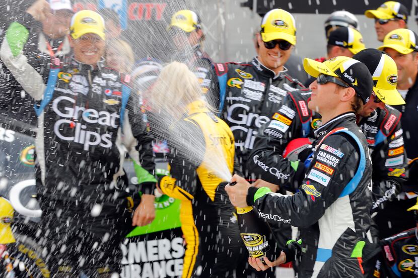 BRISTOL, TN - MARCH 17:  Kasey Kahne, driver of the #5 Great Clips Chevrolet, celebrates in...