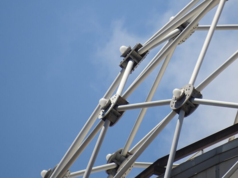 A close-up of the light bulbs on Reunion Tower, shot at a high zoom setting.