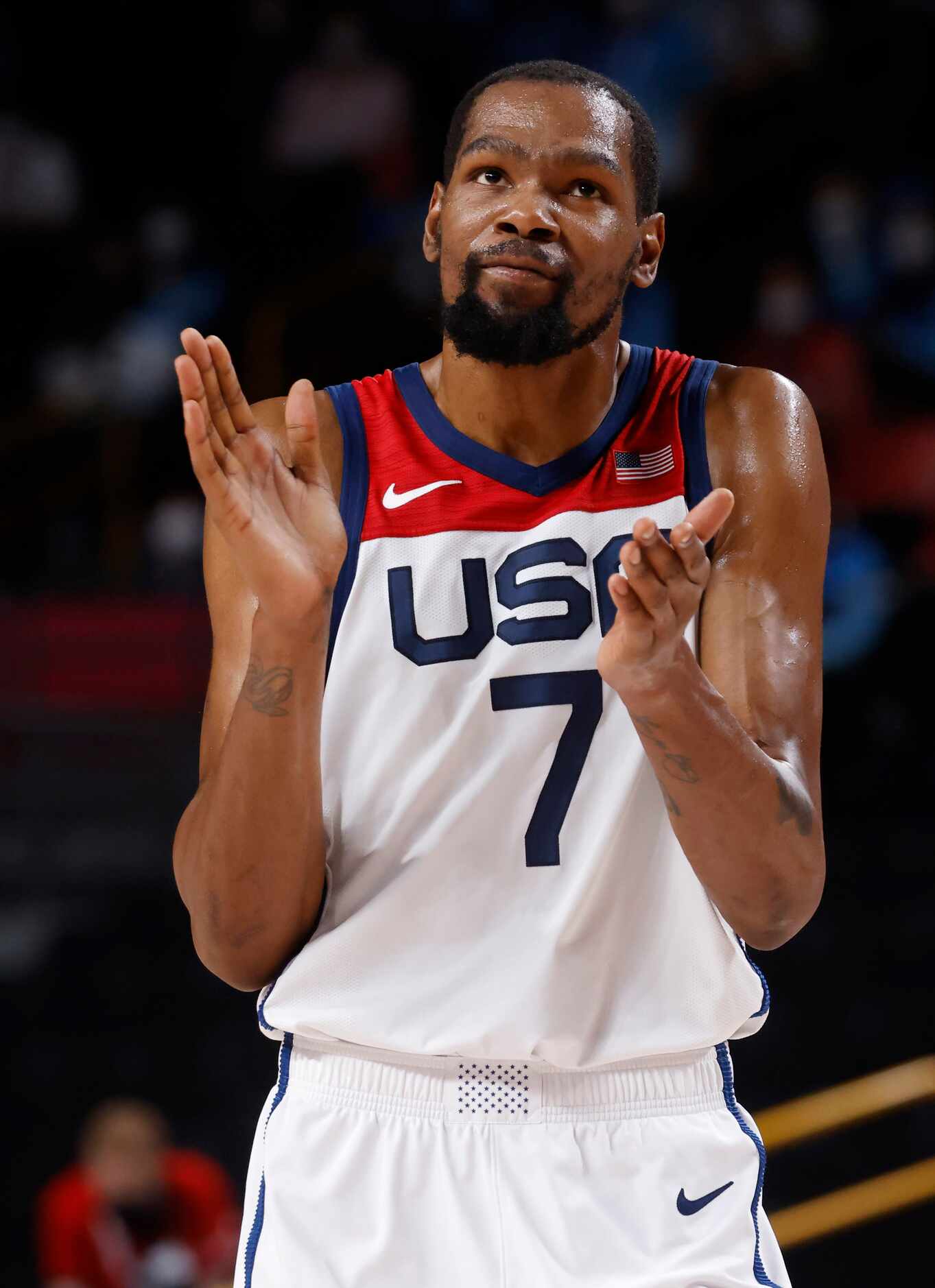 USA’s Kevin Durant (7) in a game against France during the second half of play in the gold...