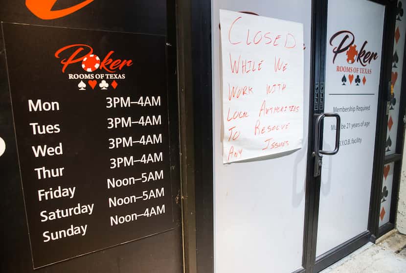 Poker Rooms of Texas, shown last month, remains shut down at  3198 W. Parker Road in Plano. 