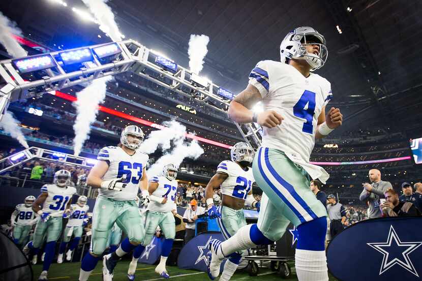 Dallas Cowboys quarterback Dak Prescott (4) takes the field for the first half of an NFL...