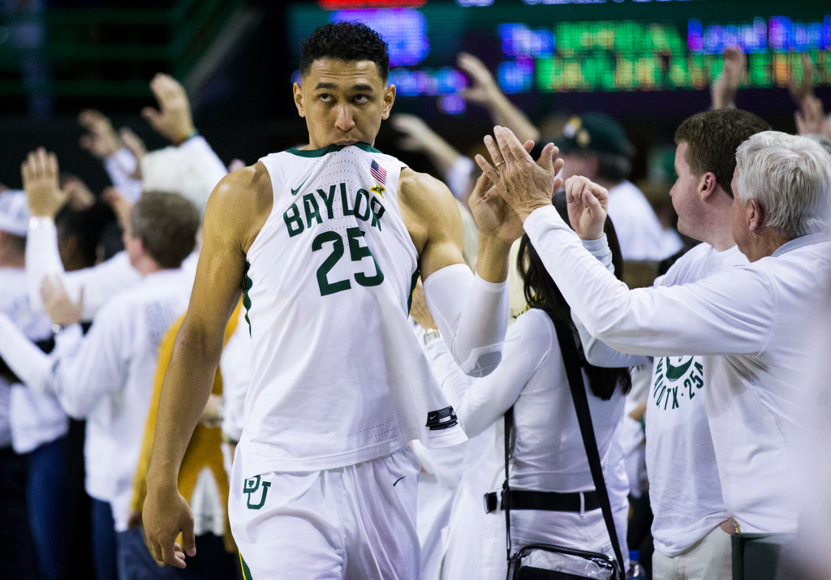 Baylor Bears forward Tristan Clark (25) reacts to a 64-61 loss to Kansas Jayhawks after an...