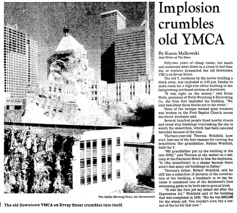 "Implosion crumbles old YMCA," published on March 29, 1982.