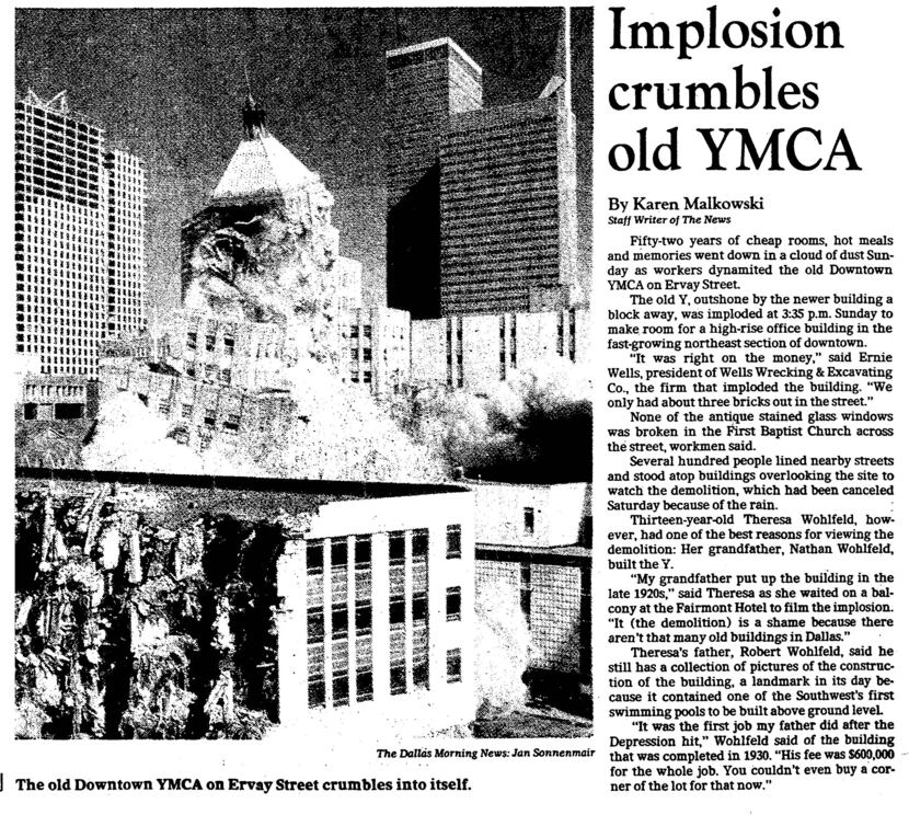 "Implosion crumbles old YMCA," published on March 29, 1982.
