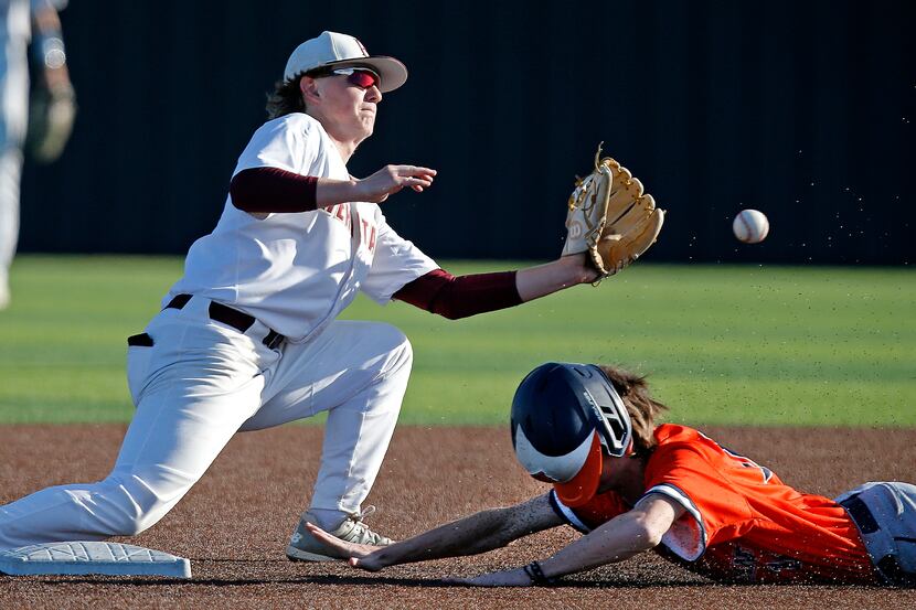 Frisco Heritage second baseman Gehrig Butz can't put the tag on Frisco Wakeland's Cooper...