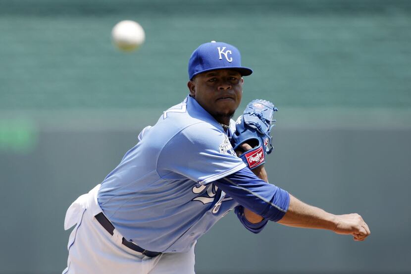 Kansas City Royals pitcher Edinson Volquez throws from the mound before a baseball game...