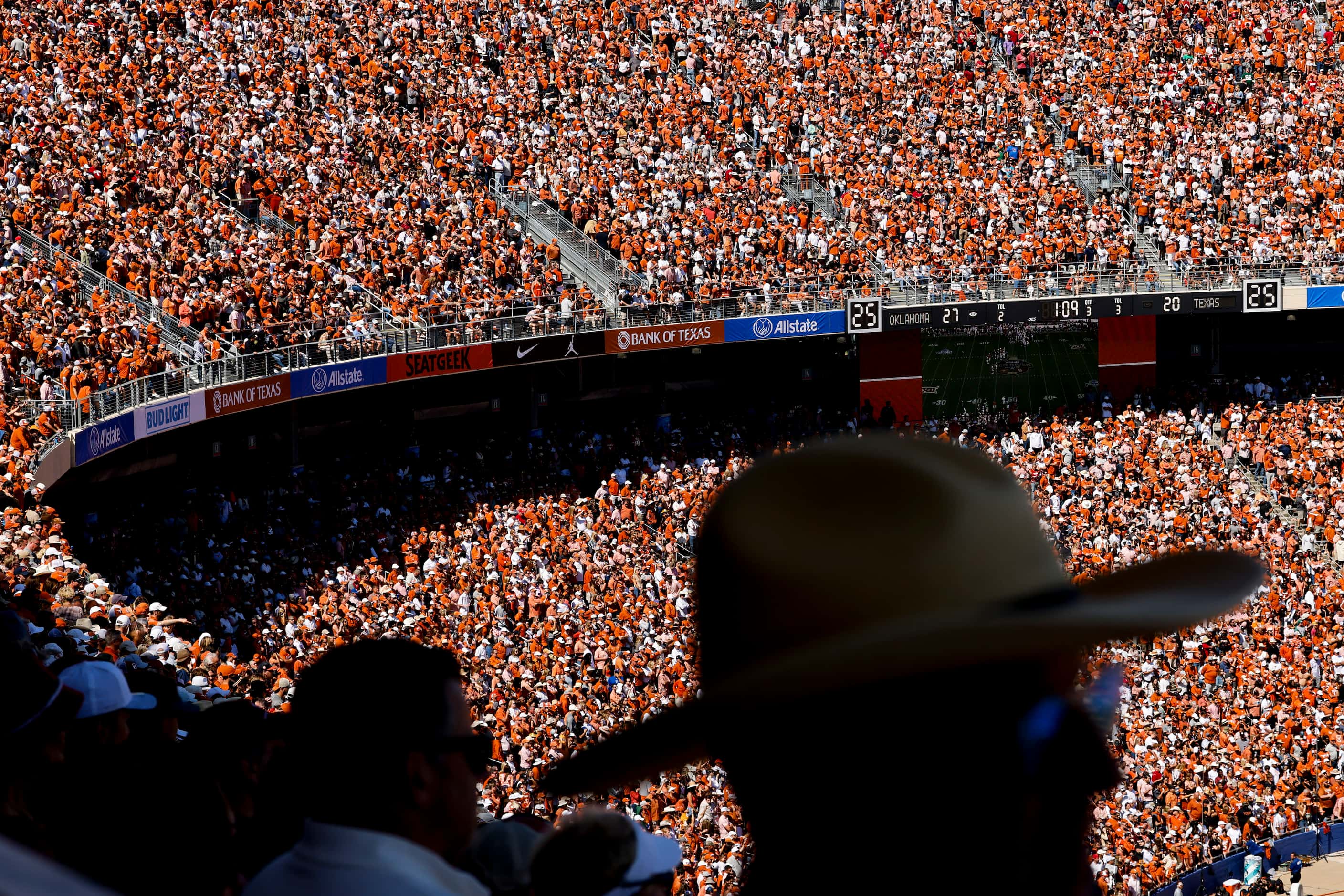 Fans gather during the Red River Rivalry at the Cotton Bowl, on Saturday, Oct. 7, 2023, in...