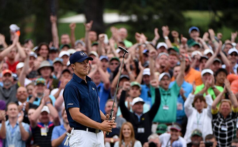 AUGUSTA, GA - APRIL 12:  Jordan Spieth of the United States celebrates on the 18th green...