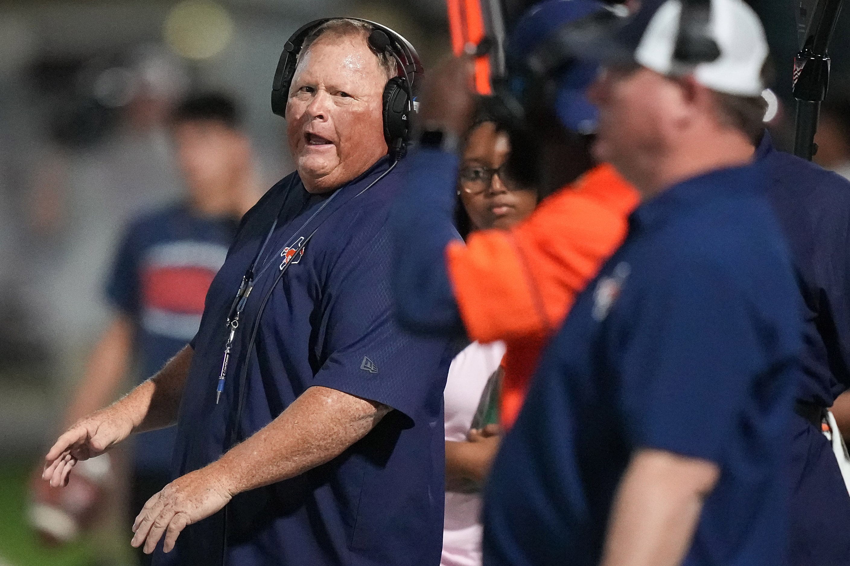 Sachse head coach Mark Behrens reacts to a call during the first half of a District 9-6A...