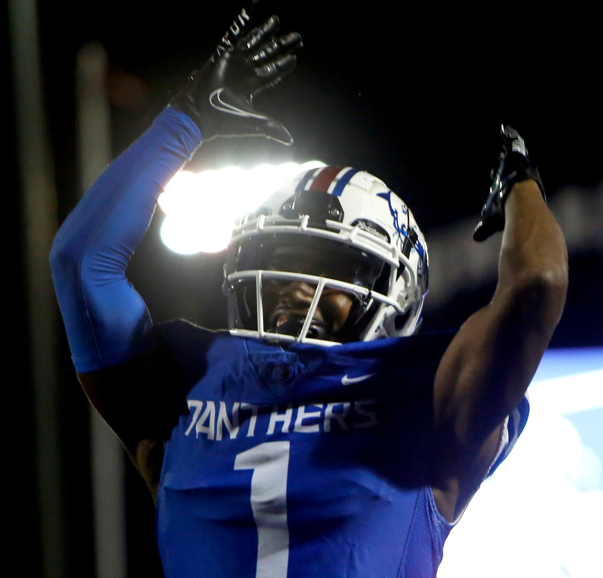 Duncanville receiver Chris Hicks, Jr. (1) celebrates his 2nd quarter receiving touchdown in...