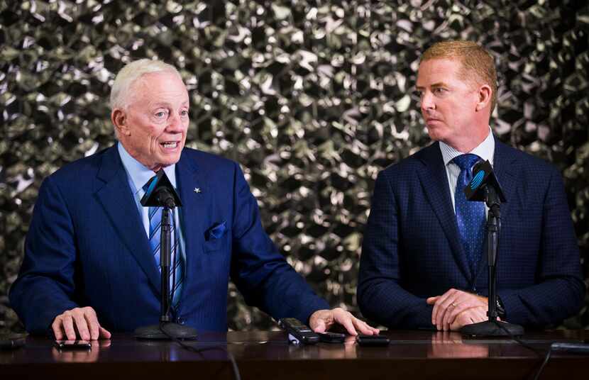 Dallas Cowboys Owner Jerry Jones, left, and Head Coach Jason Garrett speak at a press...