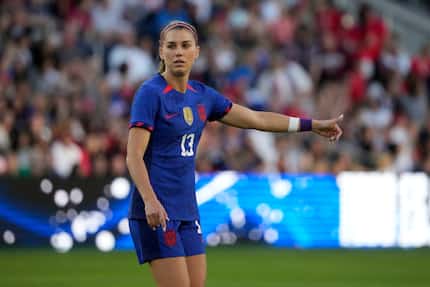 FILE - United States' Alex Morgan in action during the first half of an international...
