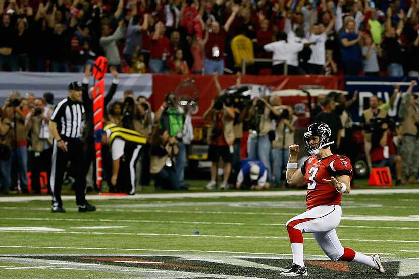 ATLANTA, GA - JANUARY 13:  Matt Bryant #3 of the Atlanta Falcons celebrates after kicking...