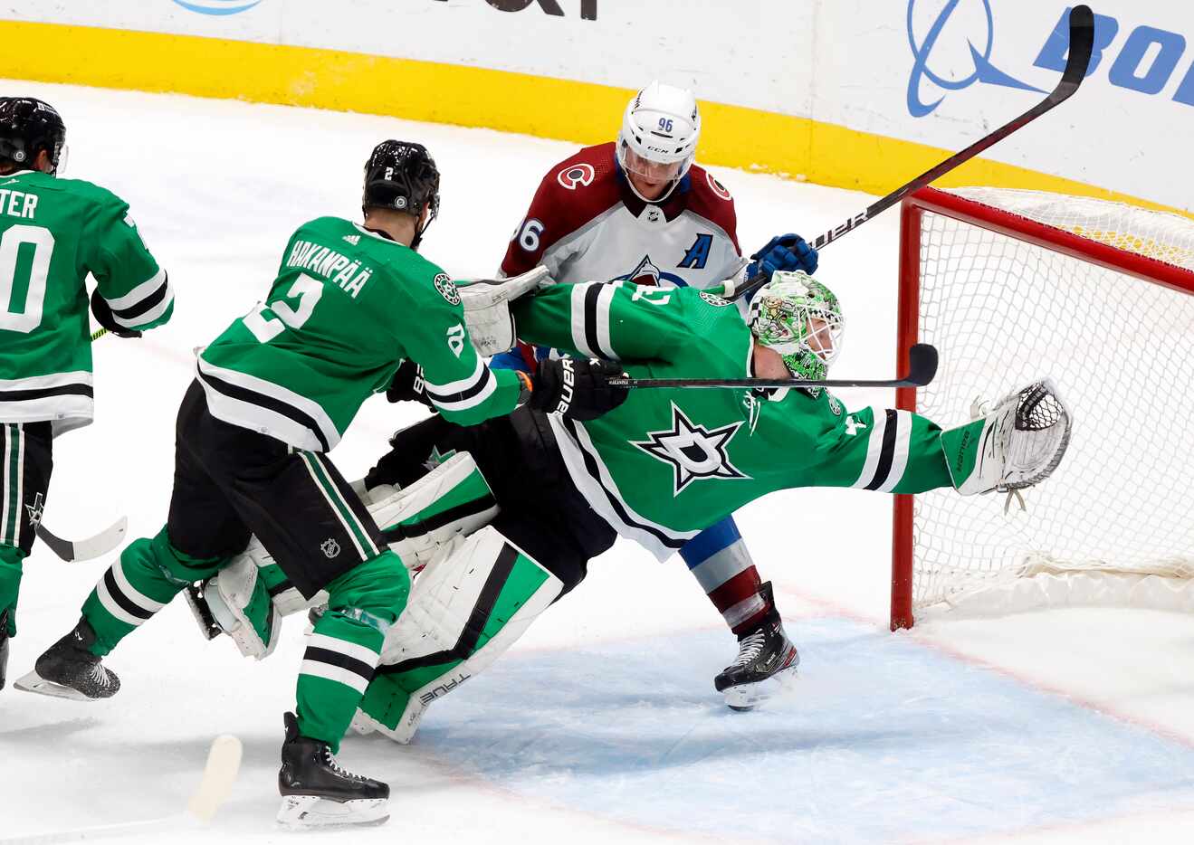 Dallas Stars goaltender Scott Wedgewood (41) dives for a Colorado Avalanche goal during the...