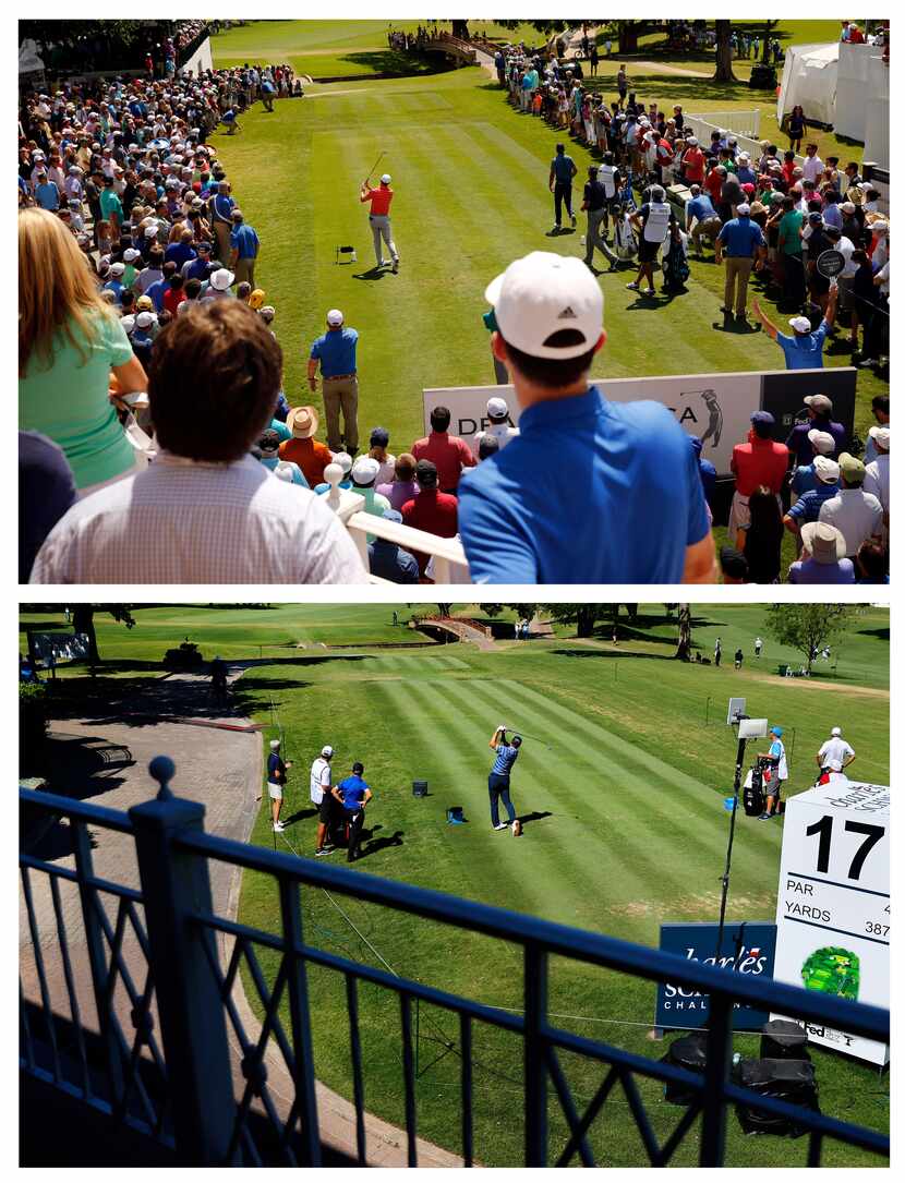 THEN - Fans crowd around the 17th tee box to get a glimpse of golfer Jordan Spieth teeing...