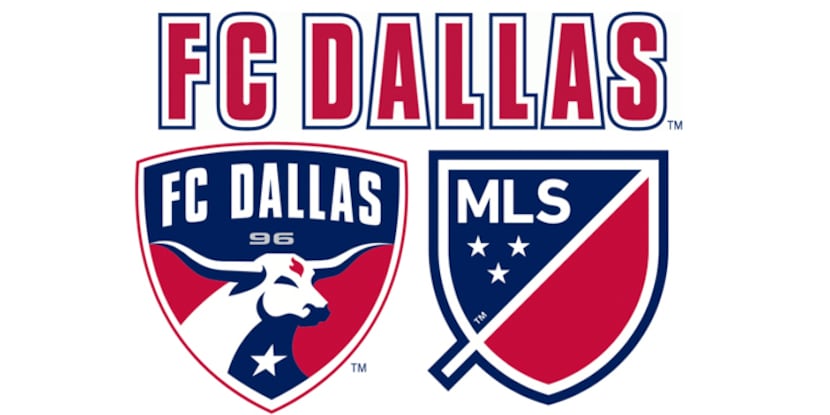 FC Dallas wordmark (top), primary badge (left), and MLS recolor badge (Right).