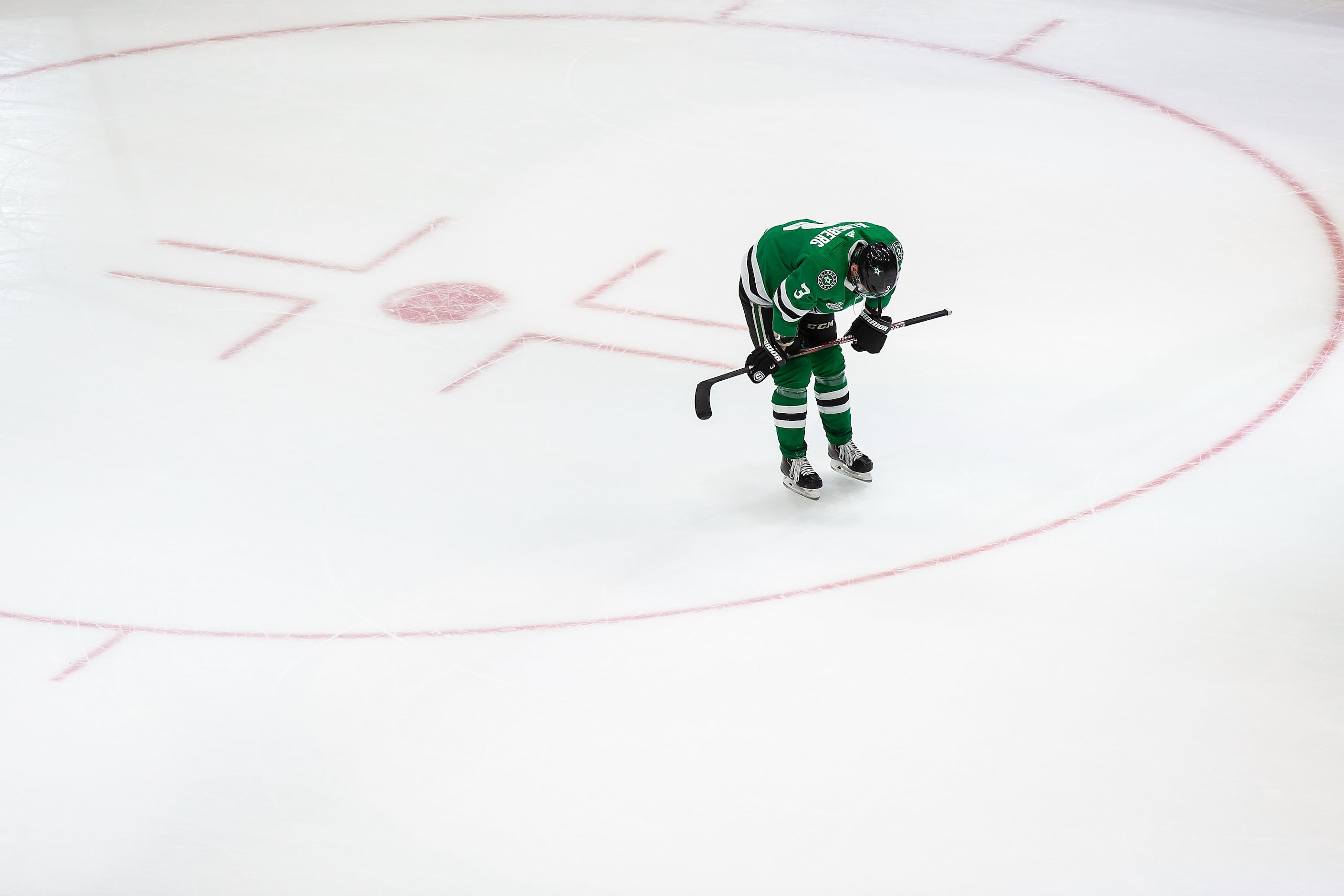 John Klingberg (3) of the Dallas Stars reacts to his team's loss against the Tampa Bay...