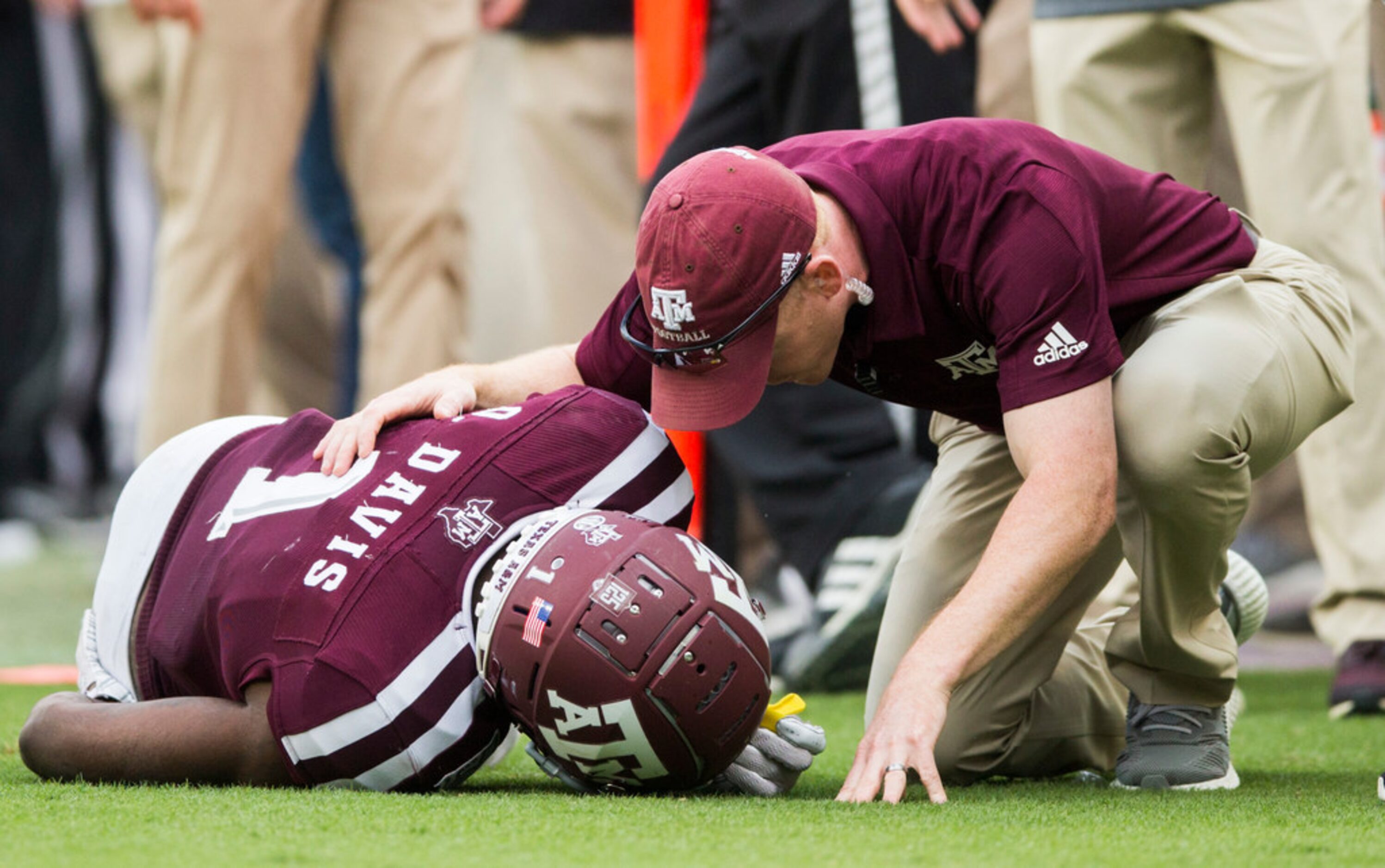 Texas A&M Aggies wide receiver Quartney Davis (1) lays injured on the sideline during the...