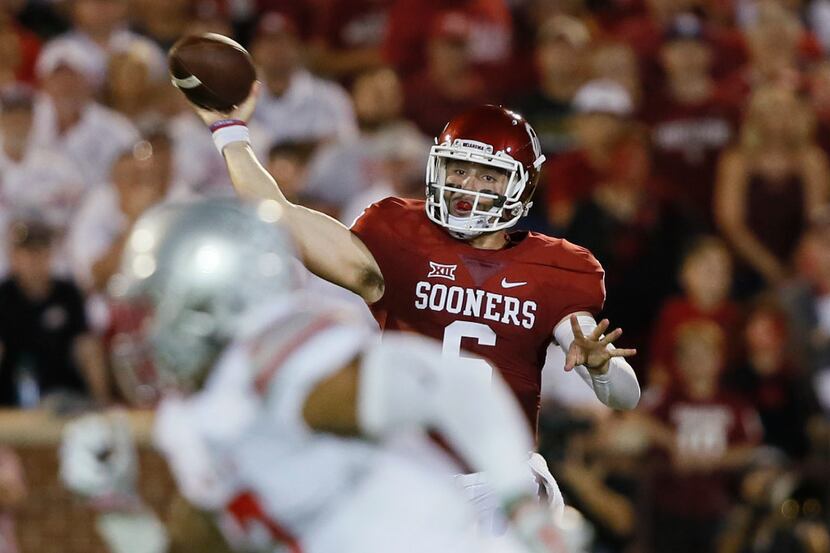 Oklahoma quarterback Baker Mayfield (6) throws during an NCAA college football game against...
