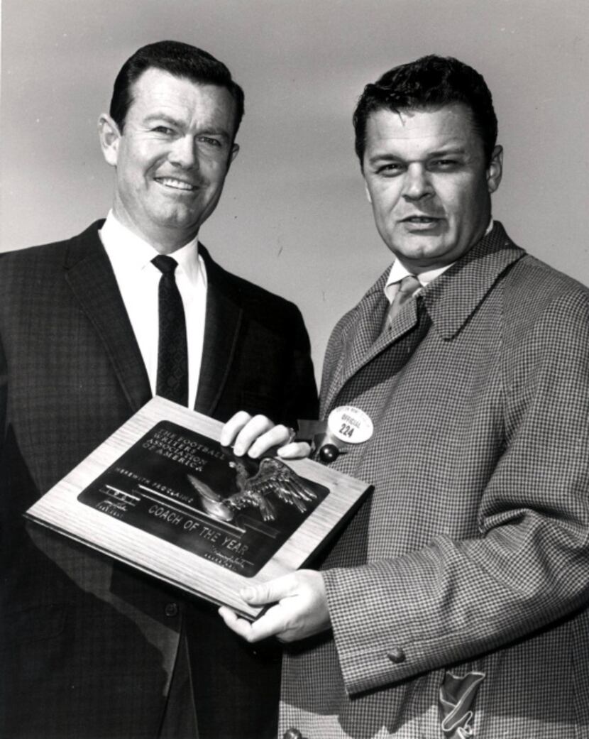 University of Texas football coach Darrell Royal (left) and sports writer Blackie Sherrod in...