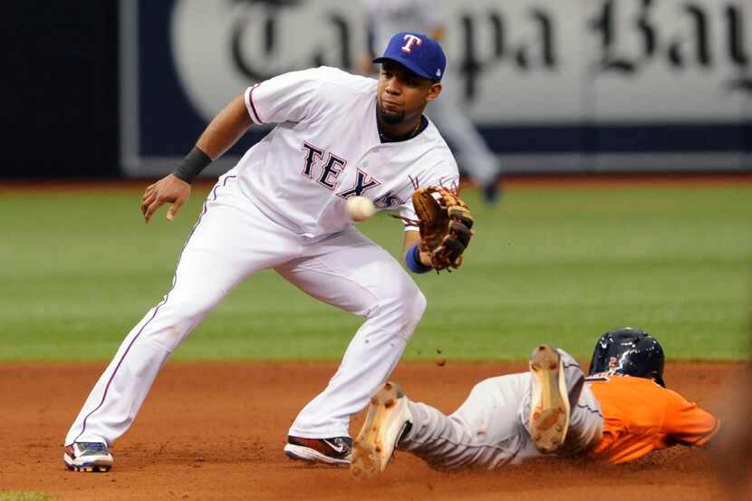 Texas Rangers shortstop Elvis Andrus waits for the throw from catcher Brett Nicholas as...