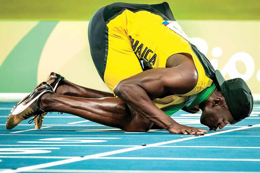 Usain Bolt of Jamaica kissed the track after winning gold in the menâs 4x100-meter relay...