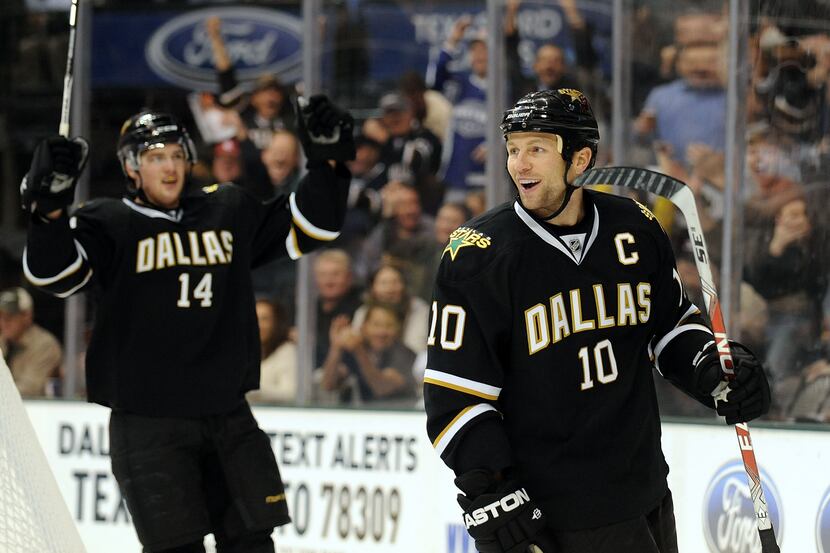 Brenden Morrow of the Dallas Stars celebrates a goal with Jamie Benn 14 in the first period...