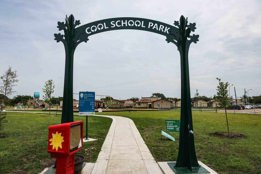 The new "Cool School Park" entrance at John Ireland Elementary in southeast Dallas welcomes...